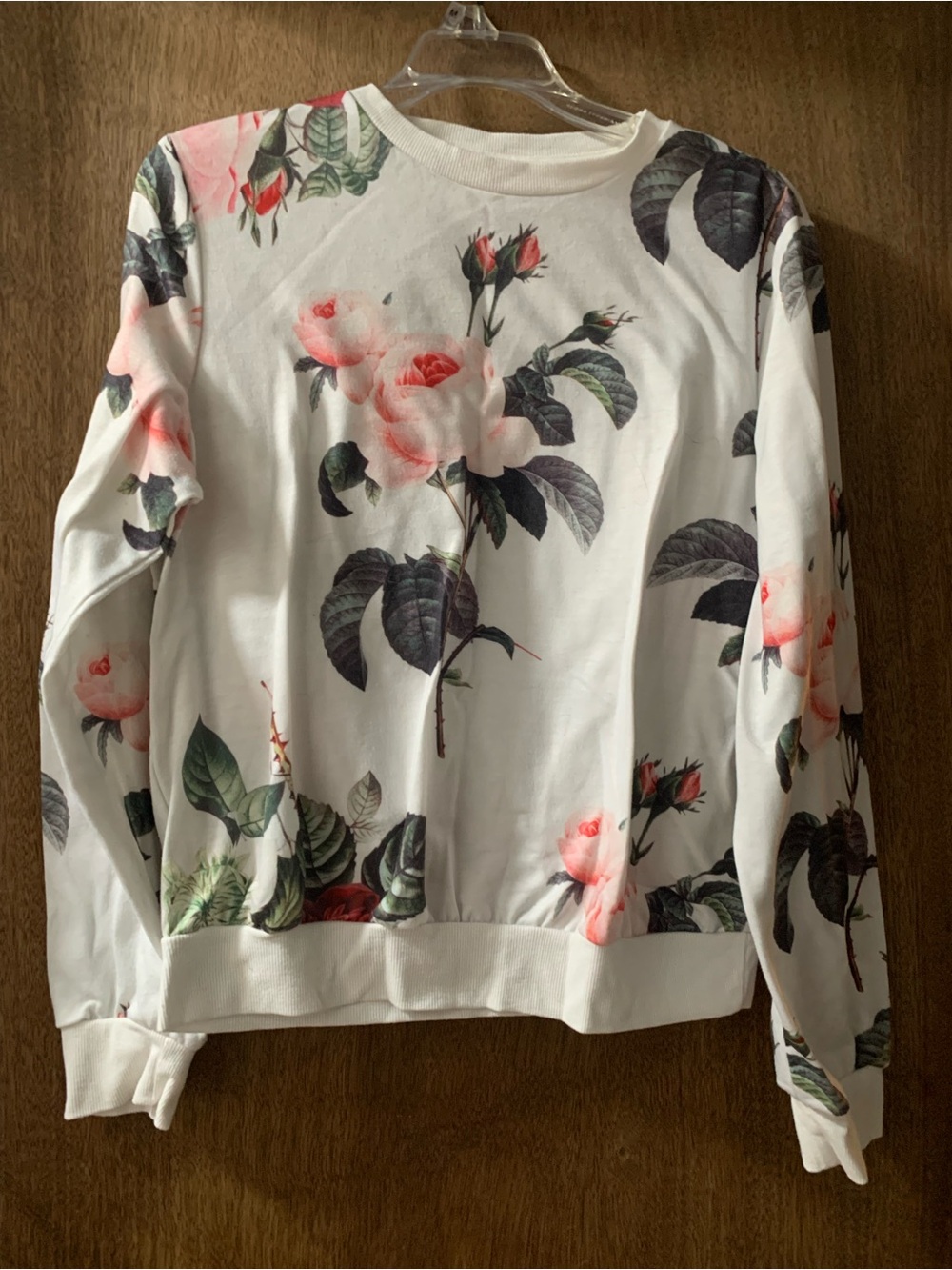 Women's White Floral Pullover Sweatshirt with Pink Rose Print